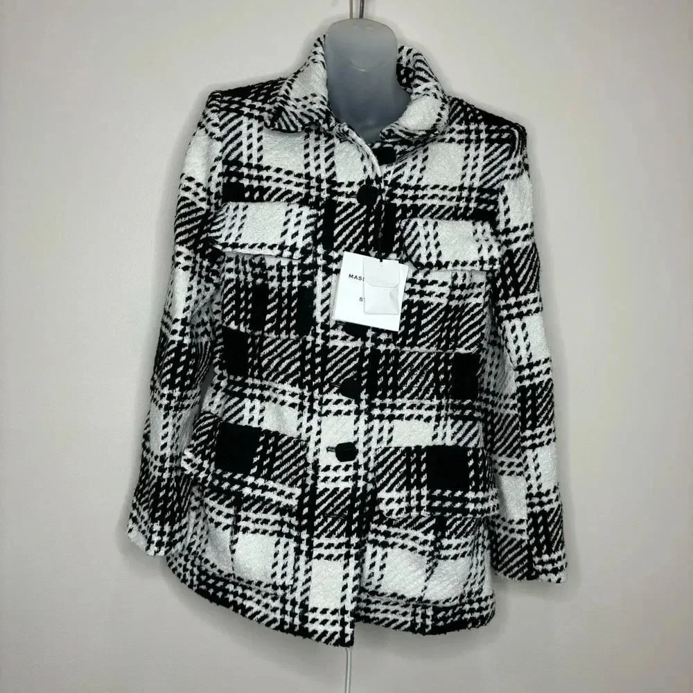 Massimo Dutti Black White textured Studio Jacket Plaid Coat size Small NWT